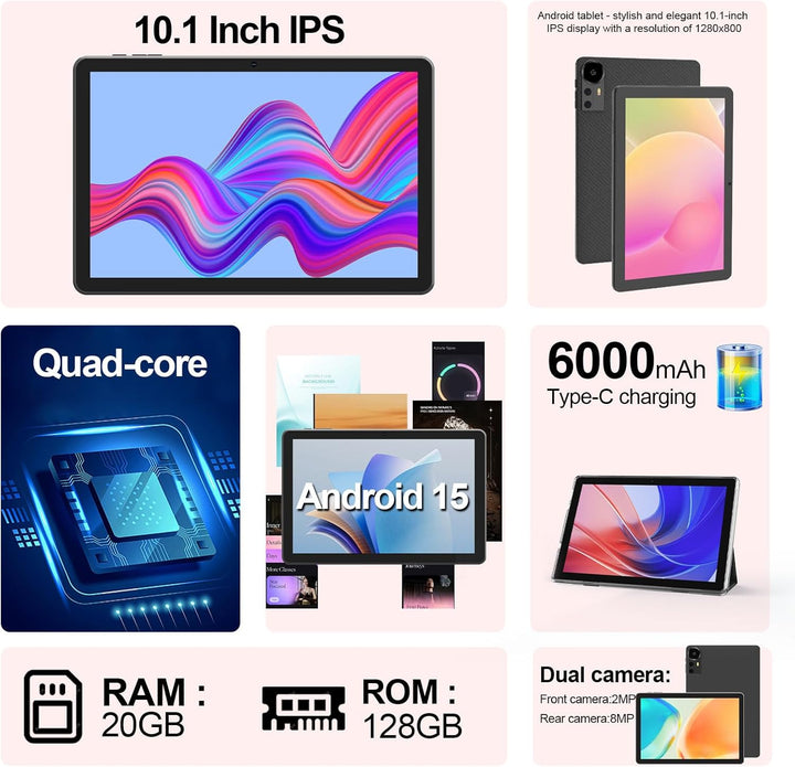 ICONLINK Tableta de 10 pulgadas Android 15 Tablets con estuche 20GB...