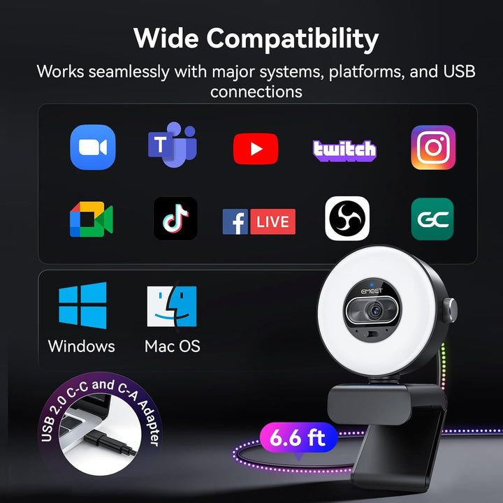 EMEET Cámara web S600L 4K para transmisión con luz de anillo, 4 mod...