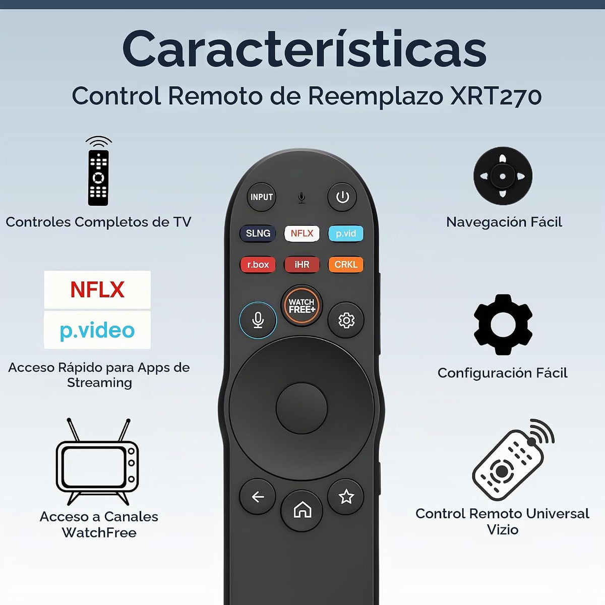 XRT270 - Control remoto de repuesto para televisores Vizio SmartCast, fácil configuración, teclas de acceso directo, control remoto de voz universal, compatible con FHD 4K Quantum D