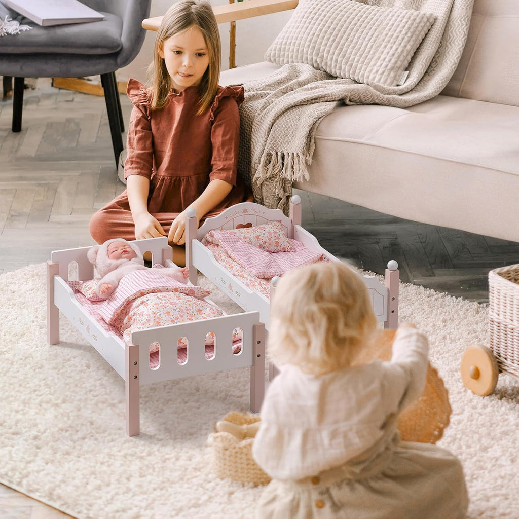 ROBUD Cuna para muñeca bebé, camas de madera para muñecas bebé de 20 pulgadas, literas para muñecas bebé con tul, cama para muñeca American Girl para regalos, rosa