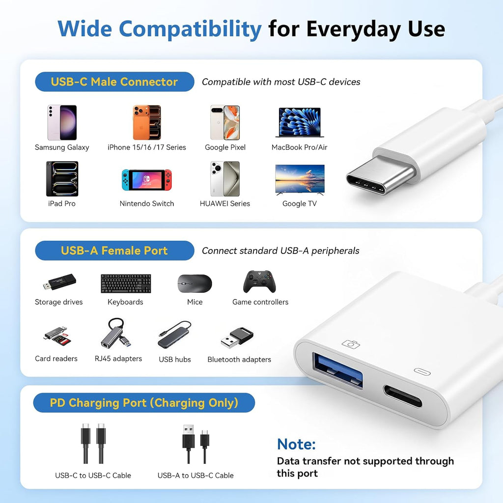 Adaptador de cámara USB C, divisor de carga PD 2 en 1 para iPhone