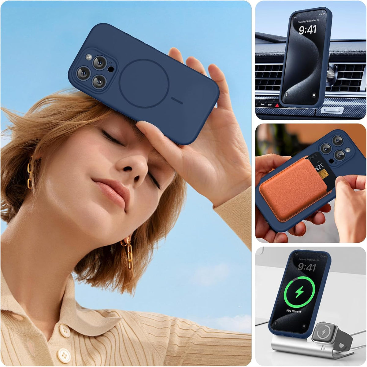 Miracase Funda de silicona y magnética para iPhone 15 Pro, azul oscuro