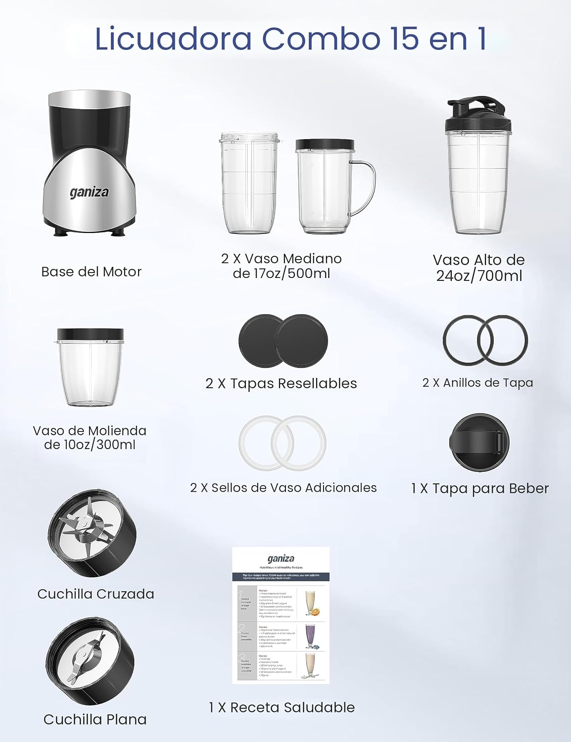 Ganiza Licuadora para Batidos, licuadora de 900W para batidos y licuados, Combo de licuadora personal y molinillo de 15 piezas para cocina, batidora de licuados con 4 tazas portátiles libres de BPA