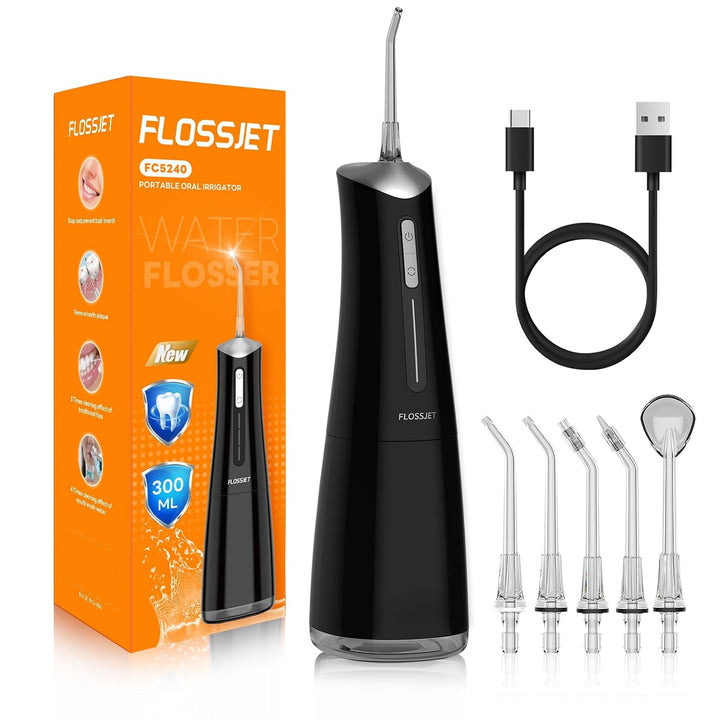 FlossJet Irrigador bucal inalámbrico con 10.1 fl oz, 5 puntas, 4 mo...
