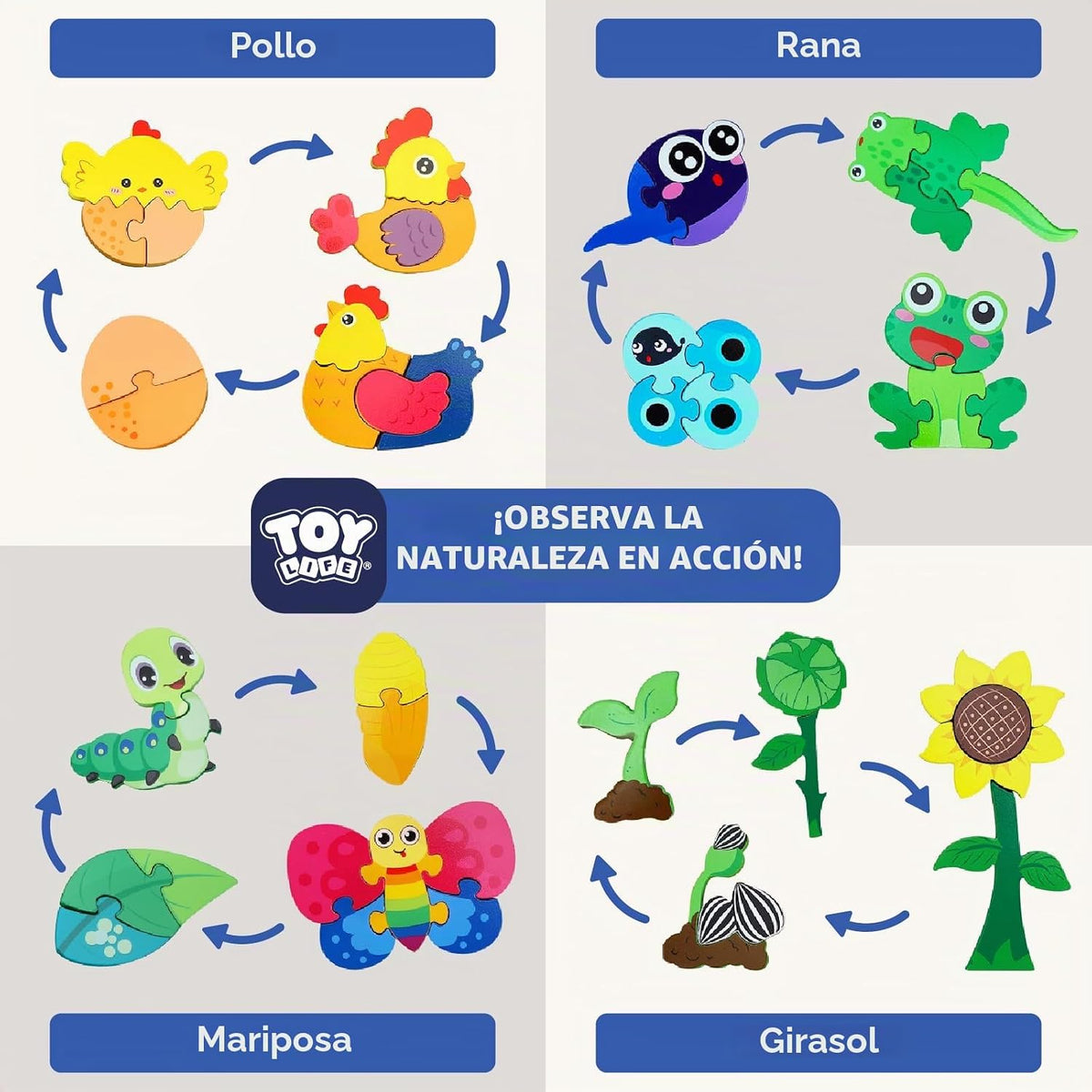 TOY Life Juguetes de ciclo de vida para niños, rompecabezas de madera para niños pequeños de 2 a 4 años, 4 piezas grandes, rompecabezas de animales para niños pequeños de 1 a 3, juguetes Montessori para niños de 1, 2, 3 años, juguete educativo para bebés