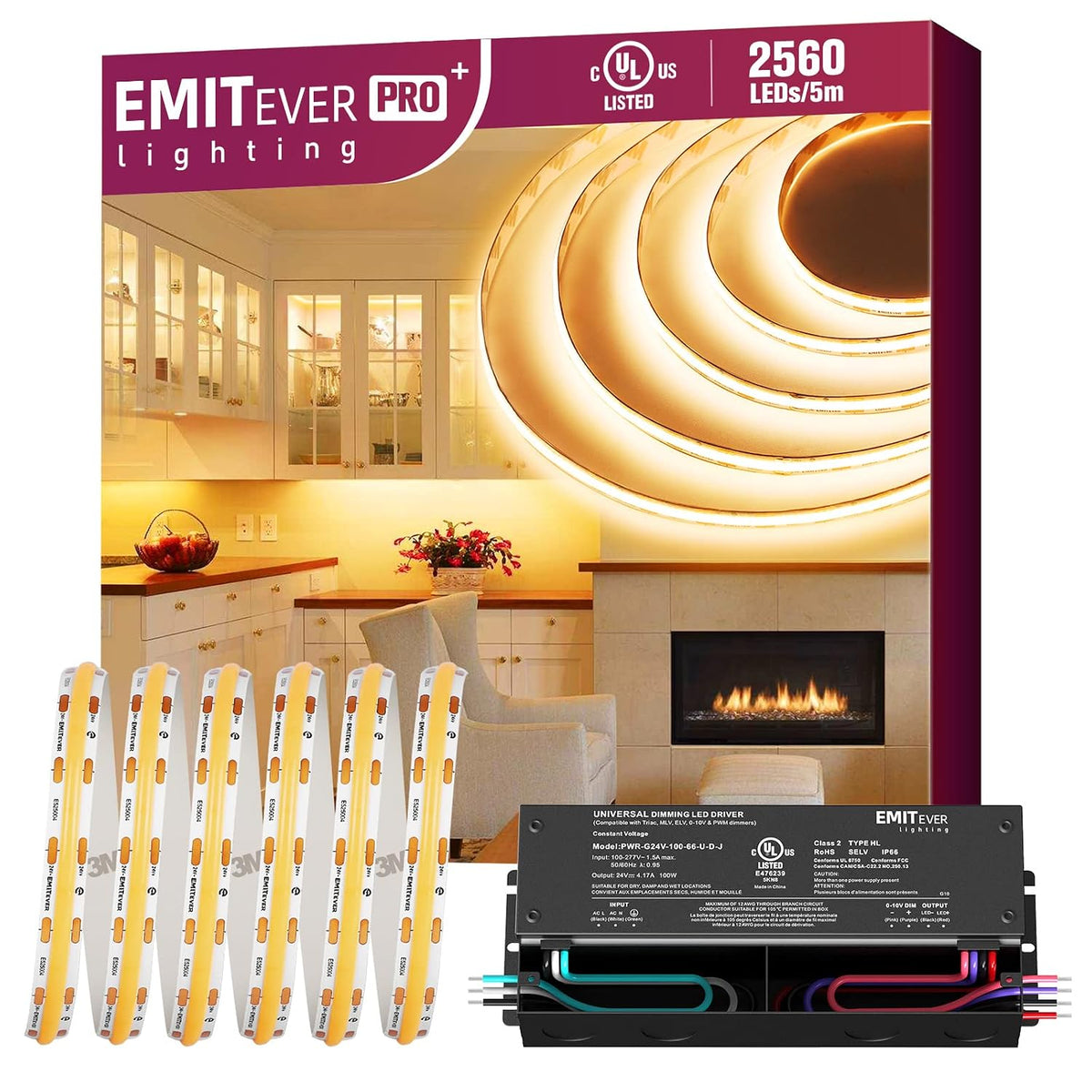 Emitever Controlador LED regulable, 100 W CA 110 V-277 V a CC 24 V, 5 en 1 atenuación: ELV/MLV/TRIAC / 0-10V / 1-10V / 10V PWM/potenciómetro, listado UL+2700K luces de tira de 16.4 pies, 2560 LEDS