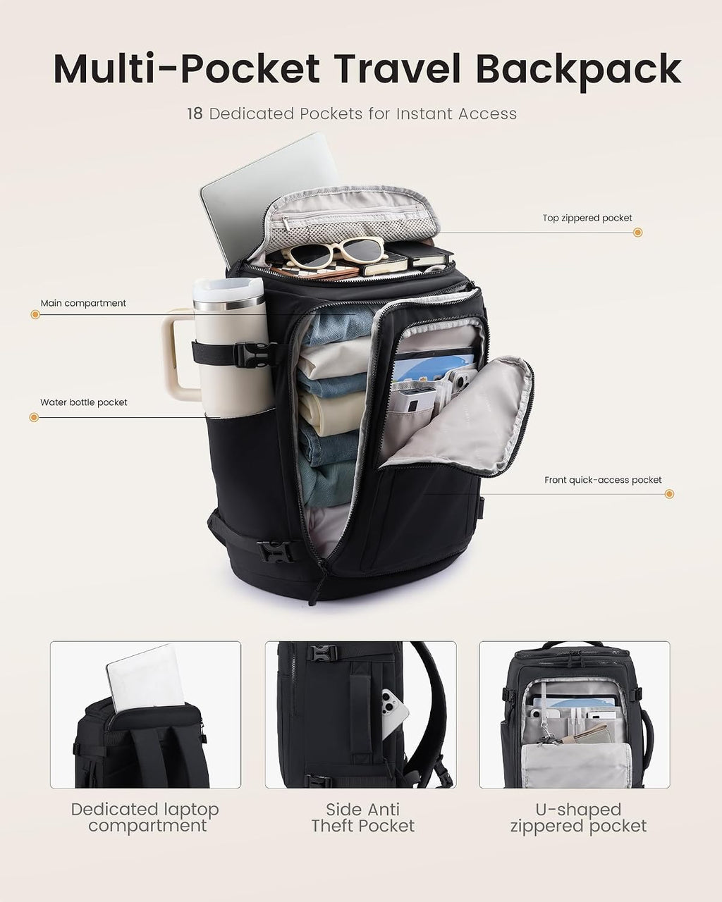 LOVEVOOK Mochila de viaje para mujer y hombre, Negro, Mochilas de viaje