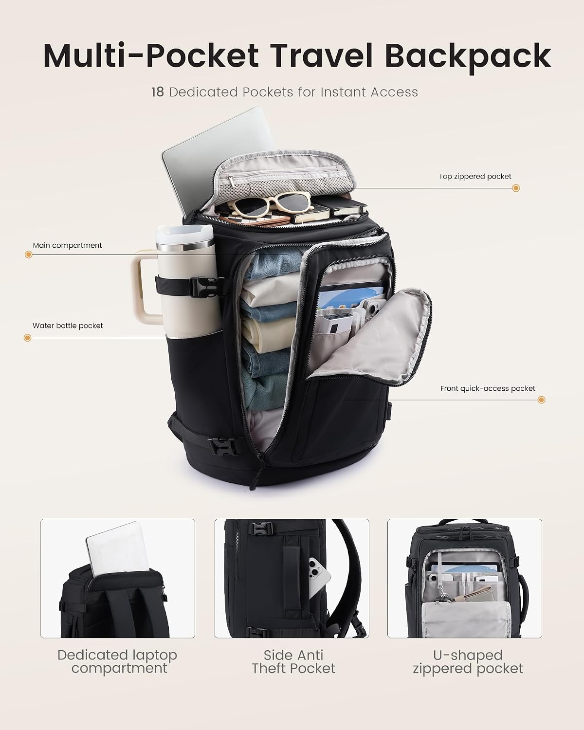 LOVEVOOK Mochila de viaje para mujer y hombre, Negro, Mochilas de viaje