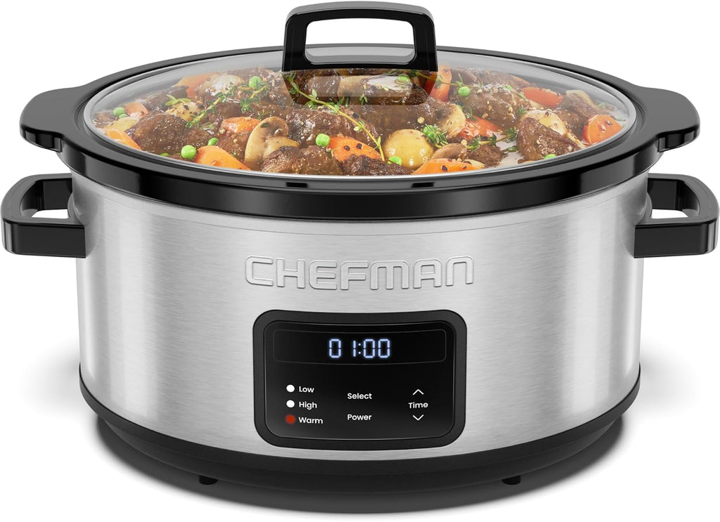 Chefman Olla de cocción lenta digital programable de tamaño familiar grande de 7 cuartos de galón con temporizador de 24 horas, ajustes bajos, altos y cálidos, cerámica Crock, tapa de vidrio templado
