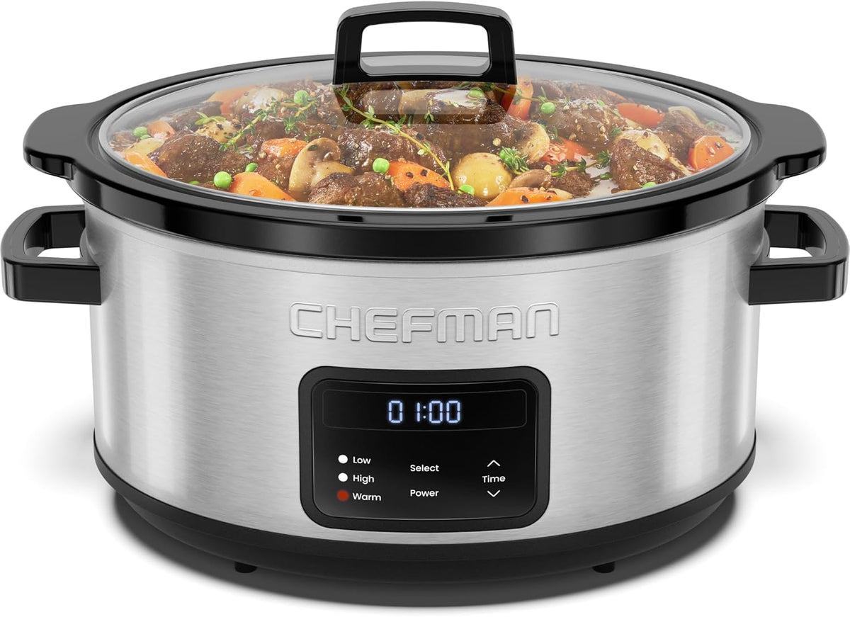 Chefman Olla de cocción lenta digital programable de tamaño familiar grande de 7 cuartos de galón con temporizador de 24 horas, ajustes bajos, altos y cálidos, cerámica Crock, tapa de vidrio templado