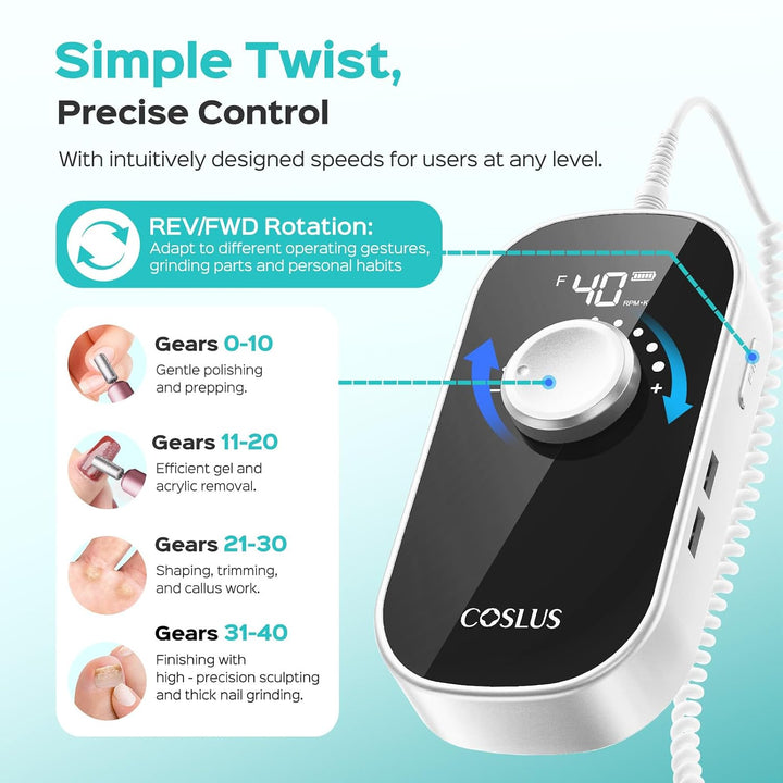 COSLUS Taladro de uñas eléctrico profesional: lima de uñas recargab...