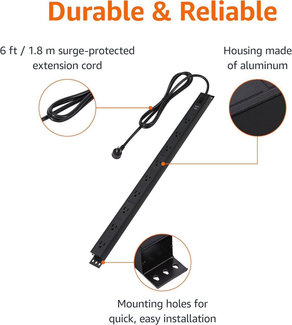 Amazon Basics Regleta protectora de sobretensiones, 9 tomacorrientes, resistente, metal, 600 julios, cable de extensión de 6 pies, montable, amplio espaciado, negro