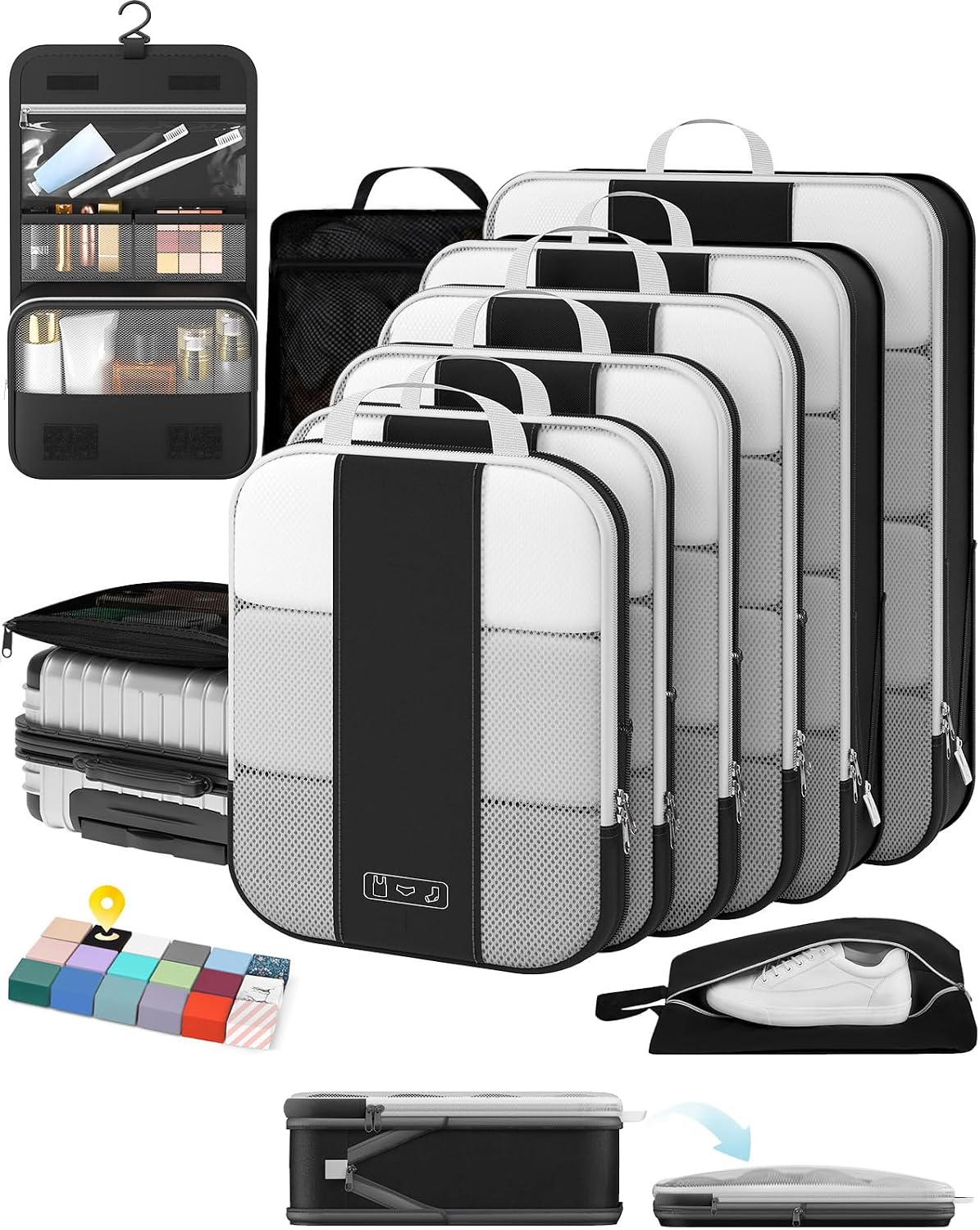 OlarHike Juego de 10 cubos de compresión para artículos esenciales de viaje, bolsas compresibles expandibles ahorradoras de espacio para organizar la ropa, maletas de equipaje con más de 1000 agujeros