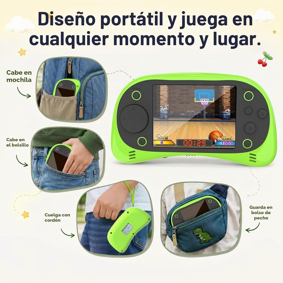 Juego de mano para niños: 230 videojuegos retro precargados, pantalla grande de 3.5 pulgadas y batería recargable USB-C, juguete de arcade portátil de regalo para niños y niñas (verde)