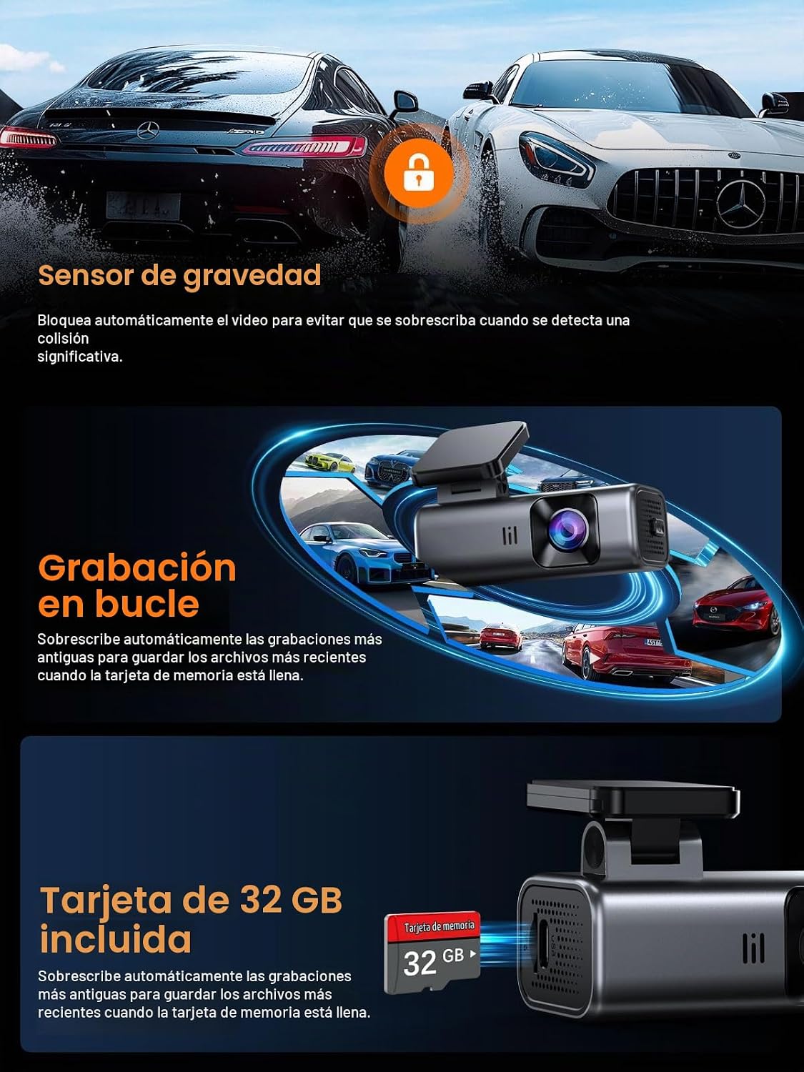 Cámara de tablero 4K frontal, WiFi de 5 GHz, tarjeta de 32 GB incluida, cámara de salpicadero mini
