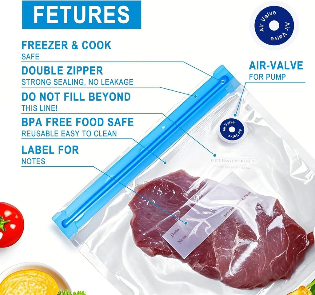 MEGAWISE Paquete de 39 bolsas selladas al vacío sin BPA con bomba de aire, bolsas reutilizables para almacenamiento de alimentos en 3 tamaños, con/sin válvula, aptas para microondas y congelador, para