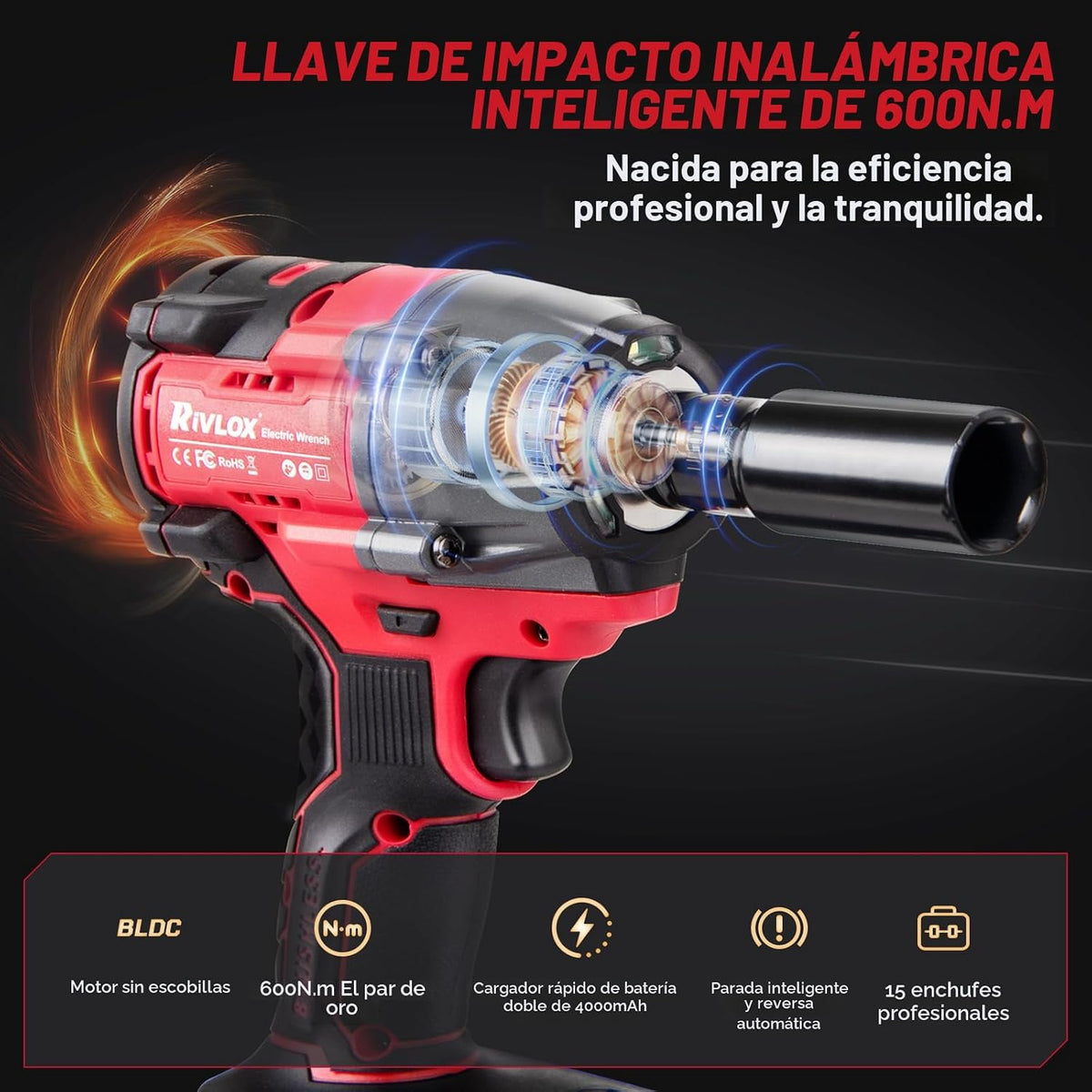 Llave de impacto inalámbrica de 1/2 pulgada, 600 N. M/450 pies-libras, kit de pistola de impacto eléctrico de alto par para neumáticos de coche, RV, luz LED, batería de 4.0 Ah, automóvil/muebles de