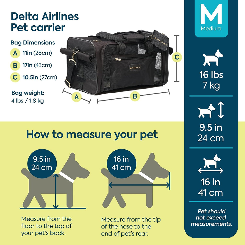 Sherpa Delta Airlines Transportador de Mascotas para Viajes, Aprobado por Aerolíneas y con Garantía a Bordo - Negro, Mediano