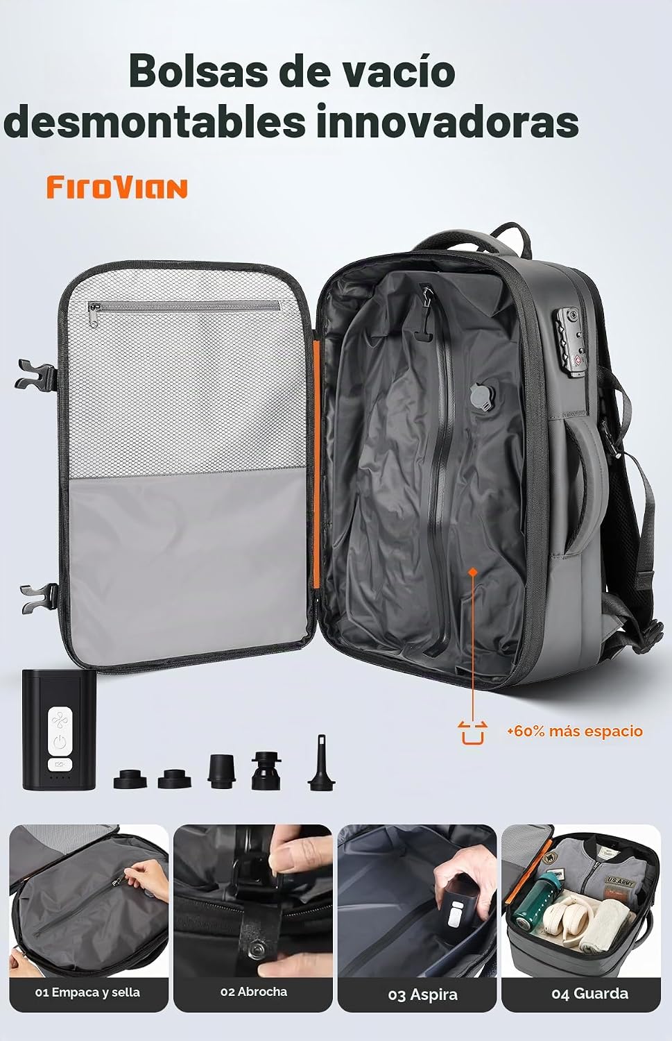 Mochila de viaje al vacío, mochila expandible de 70 litros con sistema de compresión, 2 bolsas de vacío de TPU desmontables, bloqueo TSA, resistente al agua, se adapta a portátiles de 16