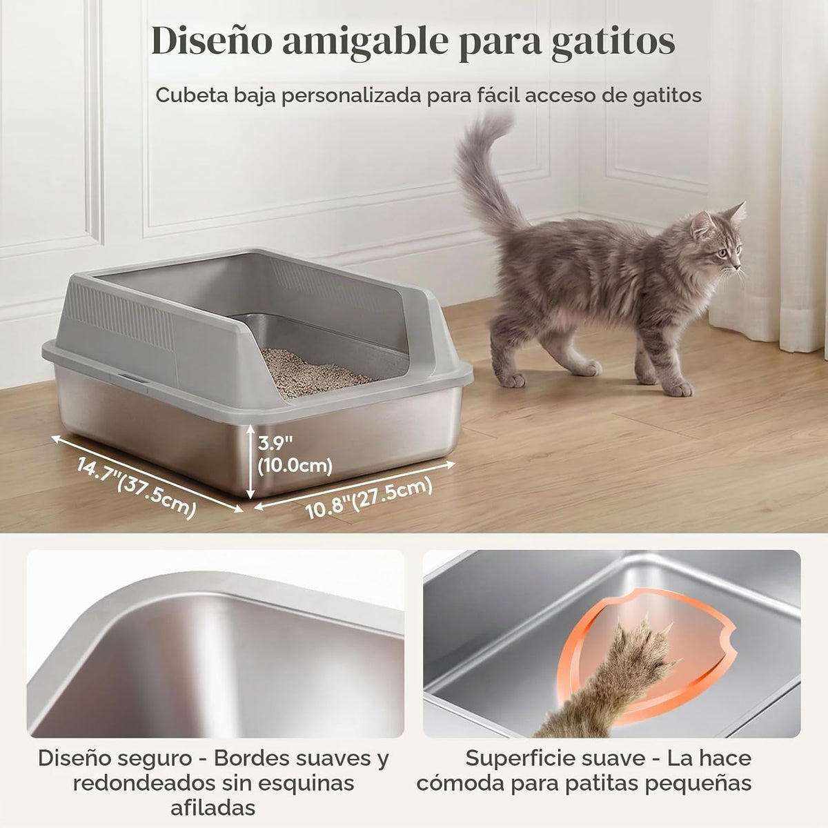 Lifewit Caja de arena para gatos de acero inoxidable para gatito, 17.7 ×
