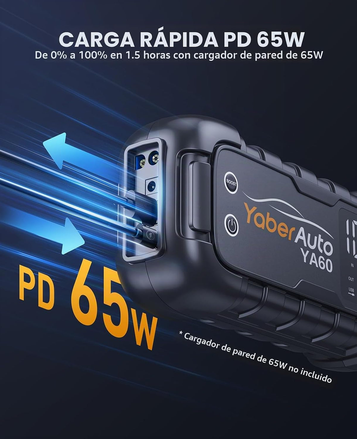 YaberAuto 8000A Arrancador de Batería 99Wh 65W Carga rápida (Todos gasolina/12.0L diésel)