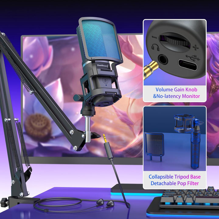 ZealSound Micrófono USB para Juegos, Micrófono Condensador con Canc...