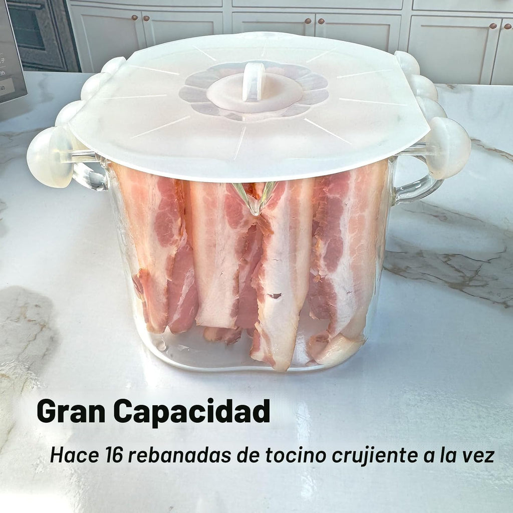 Cocina de vidrio para microondas y tocino, tapa de silicona, 4 pinchos de vidrio, 100 onzas