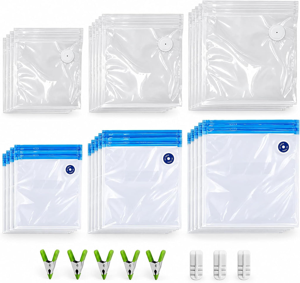 MEGAWISE Paquete de 30 bolsas reutilizables selladoras al vacío, bolsas de almacenamiento Sous Vide sin BPA, 3 tamaños con válvula de aire y doble cremallera, aptas para microondas y congelador, para