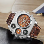 Avaner Reloj de pulsera de cuero para hombre: reloj analógico de cuarzo con correa de cuero, esfera grande y sobredimensionada, doble zona horaria