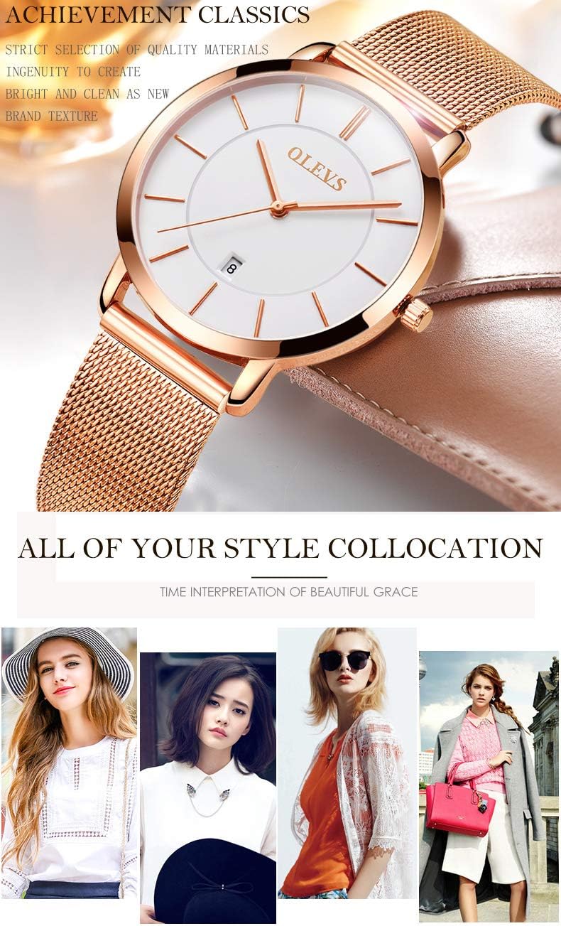 OLEVS Relojes para Mujeres y Juego de Pulseras Slim Casual Vestir Reloj de Muñeca para Dama Rosado Oro