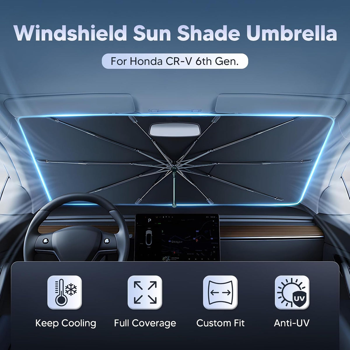 Sombrilla protectora para parabrisas Autorder Windshield Sun Shade Umbrella para 2023-2026 Honda CR-V CRV Accessories, material de cristal de hielo mejorado, instalación fácil, parasol para parabrisas del coche, 100% bloqueo de sol