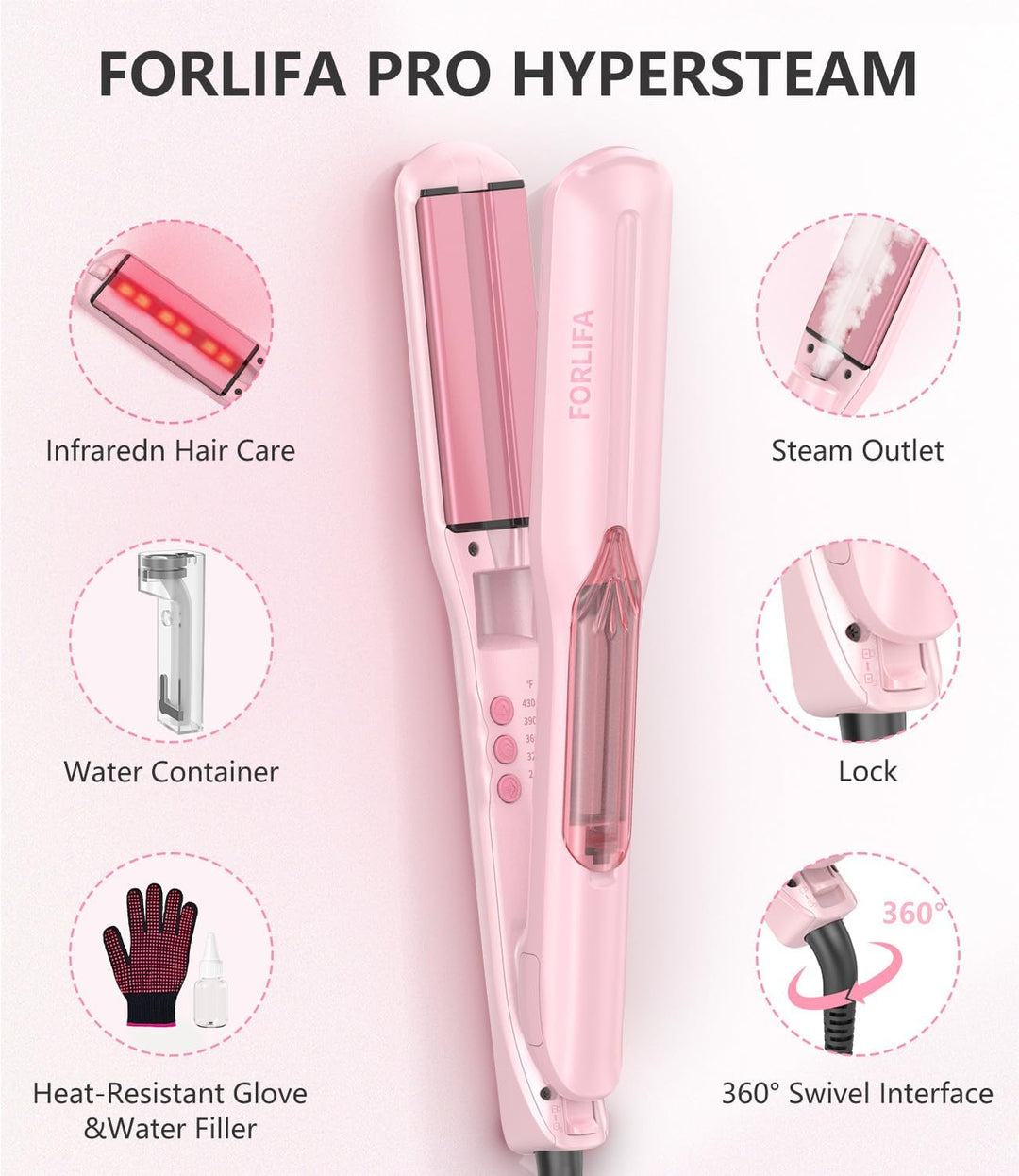 FORLIFA Plancha de pelo de vapor 2 en 1, plancha plana de 1.5 pulga...