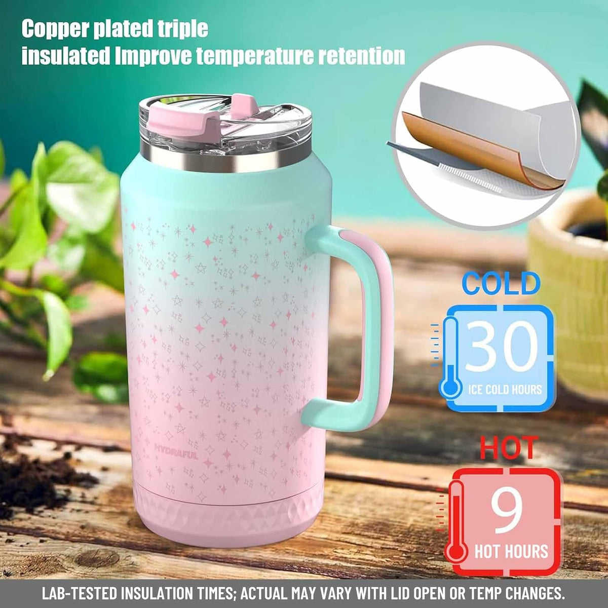 Hydraful Vaso de 64 onzas con asa y pajilla, 100% a prueba de fugas, vaso aislado reutilizable, botella de agua grande de acero inoxidable, taza de viaje para gimnasio, senderismo y campamento