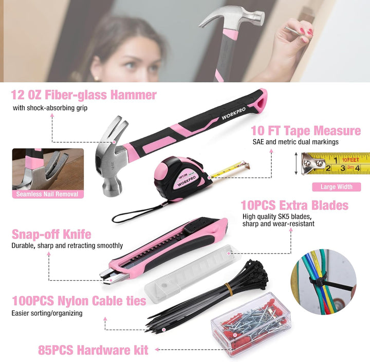 WORKPRO Juego de herramientas rosa, kit de 284 piezas para mujeres,...