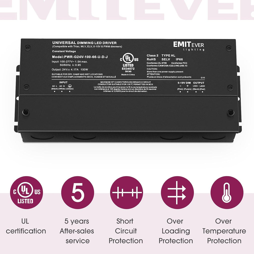 EMITEVER Paquete de 2 Controladores LED Regulables 100W 24V 5-en-1, AC 110-277V a DC