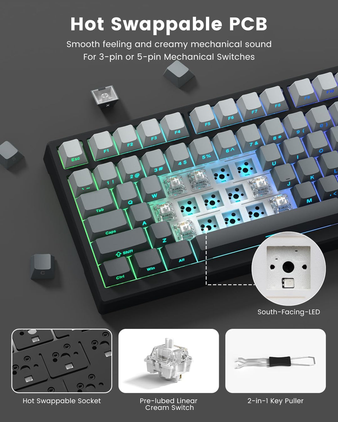 Keyporia X98 Wireless Mechanical Keyboard, RGB Backlit Custom Gamin...