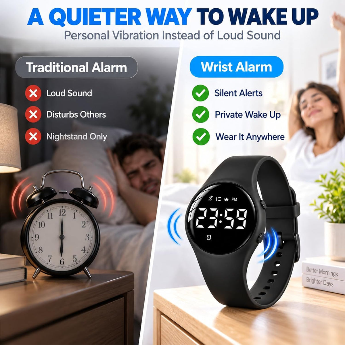 Pulsera de alarma vibratoria para personas que duermen pesadamente, reloj de choque para adolescentes, pulsera silenciosa, despertador, despertar sordos con TDAH, personas con TDAH, portátil