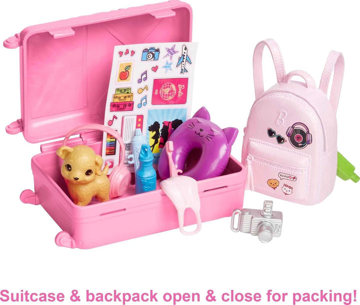 Muñeca Barbie y accesorios, set de viaje con cachorro y más de 10 p...