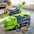 Camión de dinosaurio, camión de dinosaurio, transportador de carreras, pista de carreras con 6 autos fundidos a presión, camión 3 en 1 con 2 pistas de carreras plegables, regalos de cumpleaños
