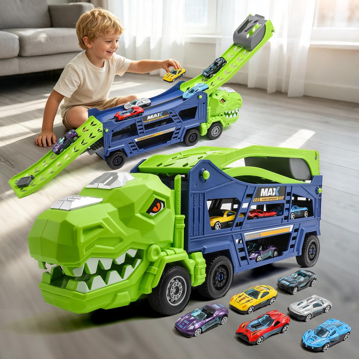 Camión de dinosaurio, camión de dinosaurio, transportador de carreras, pista de carreras con 6 autos fundidos a presión, camión 3 en 1 con 2 pistas de carreras plegables, regalos de cumpleaños