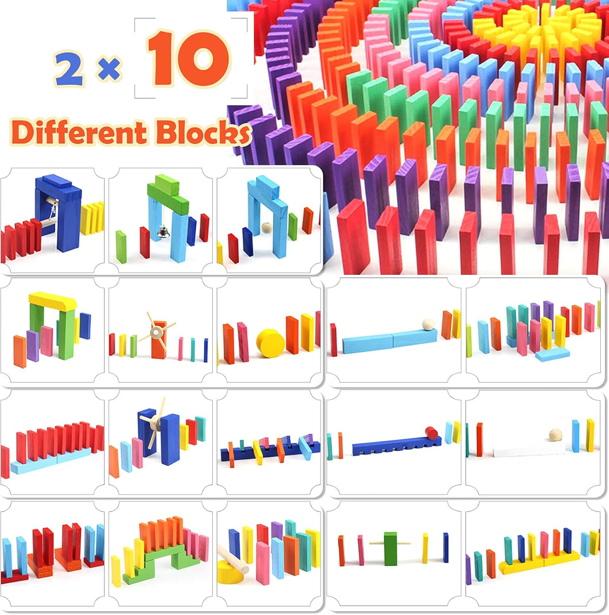 WOOD CITY Juego de dominó de 1000 piezas para niños con 20 bloques adicionales, coloridos azulejos de dominó para construir, apilar, carreras, volar, dominó de madera con bolsa de almacenamiento y