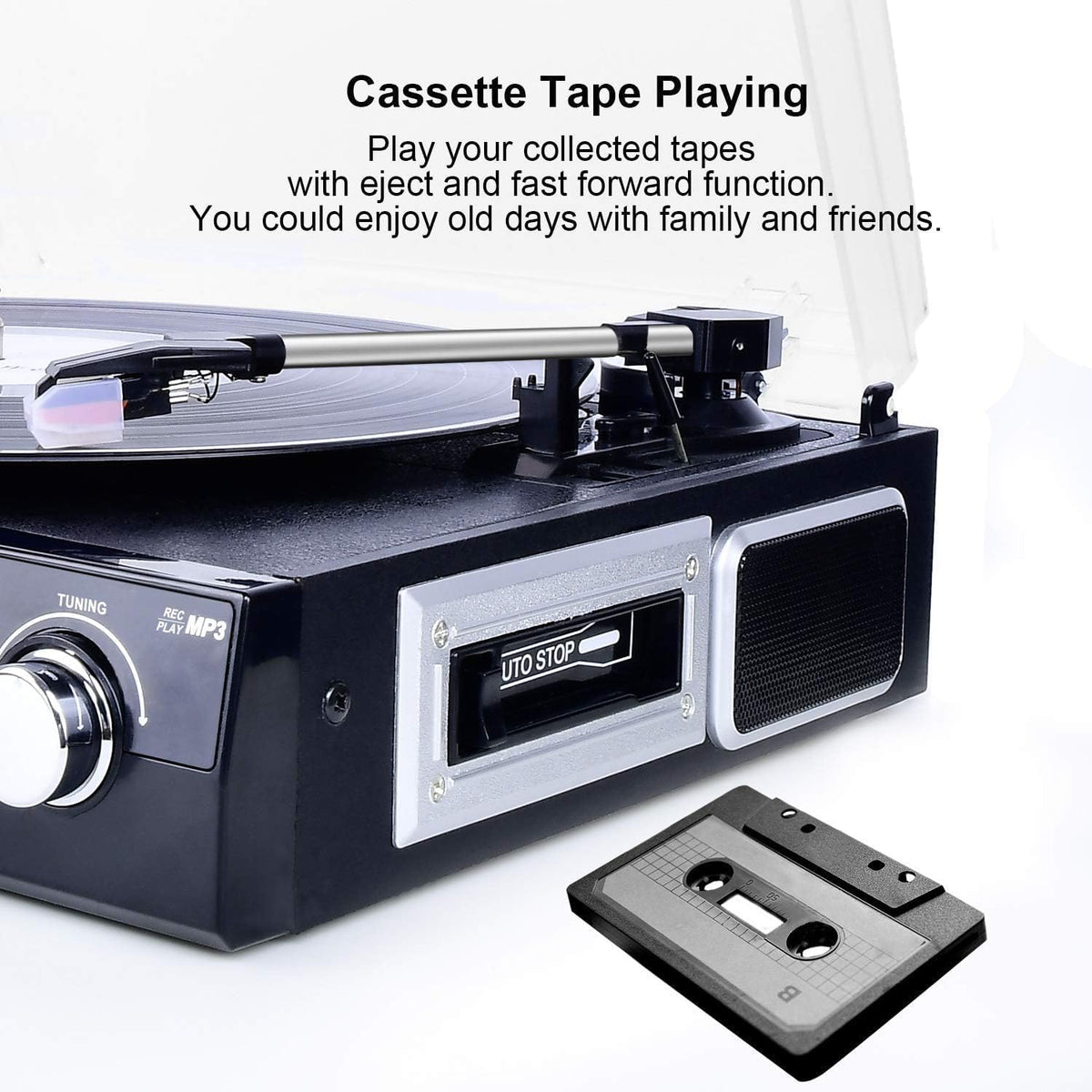 Tocadiscos Bluetooth 7 en 1 con altavoces estéreo, tocadiscos para vinilo a MP3 con reproducción de cassette, radio AM/FM, control remoto, codificación USB/SD, conector de salida de música de
