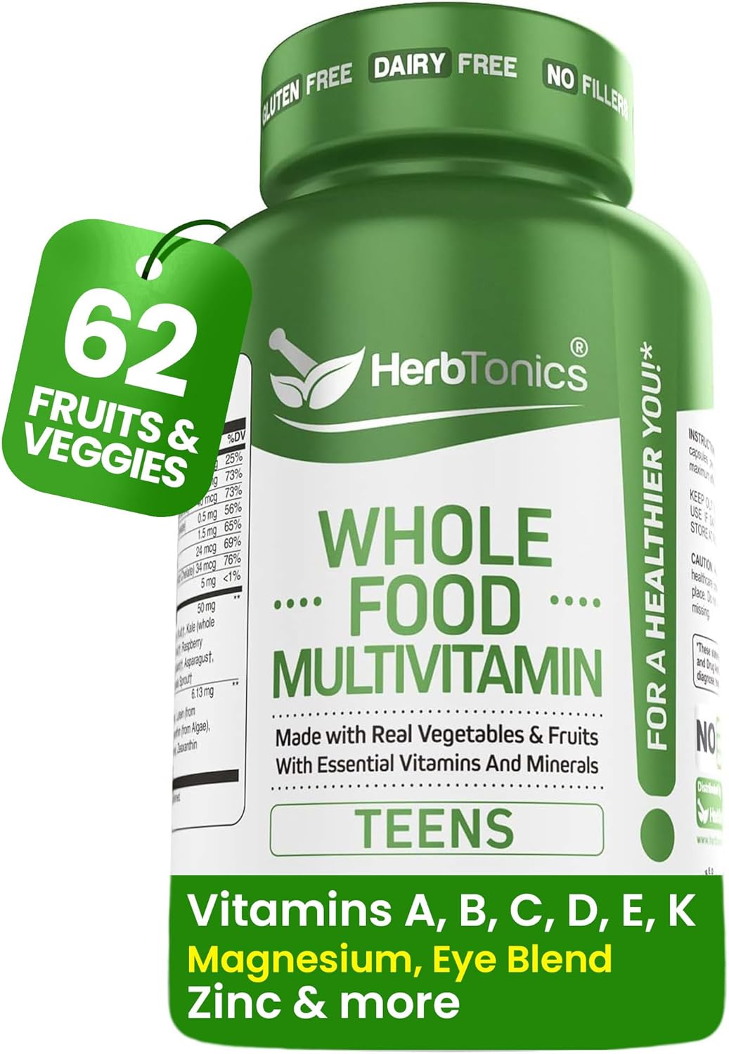 Herbtonics Whole Food Vitaminas adolescentes para energía, concentr...