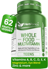 Herbtonics Whole Food Vitaminas adolescentes para energía, concentr...