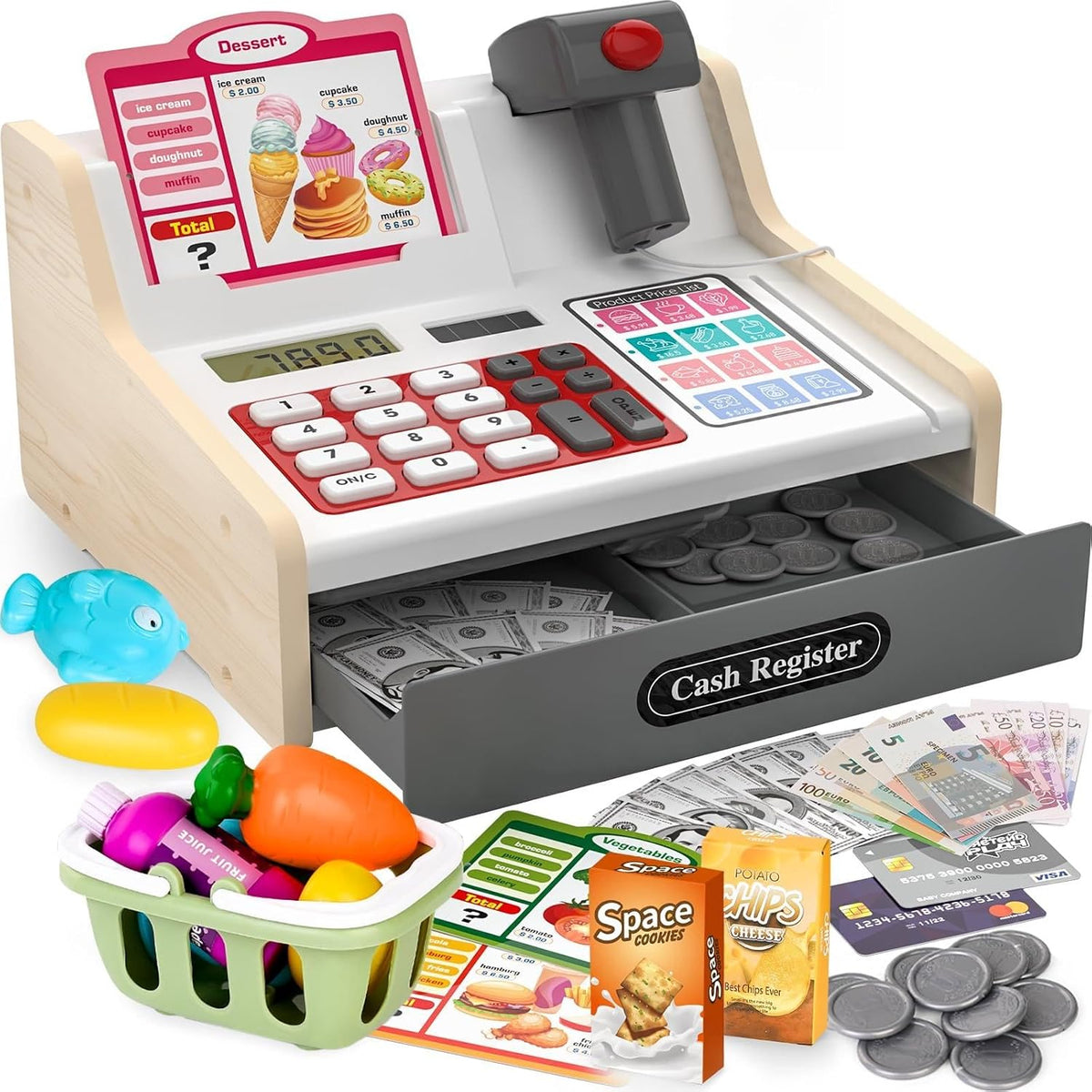 Maysida - Caja registradora para niños con escáner, juguetes de conteo de caja registradora, juguete de madera para niños con dinero falso, alimentos, tarjeta de crédito, niños y niñas de 3 a 8 años