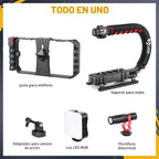 Zeadio Estabilizador de cámara para teléfono inteligente, kit de aparejo de video todo en uno con jaula para teléfono, luz de video RGB, micrófono, adaptador de cámara de acción, compatible con teléfonos inteligentes, cámara de acción, DSLR, cámaras, etc