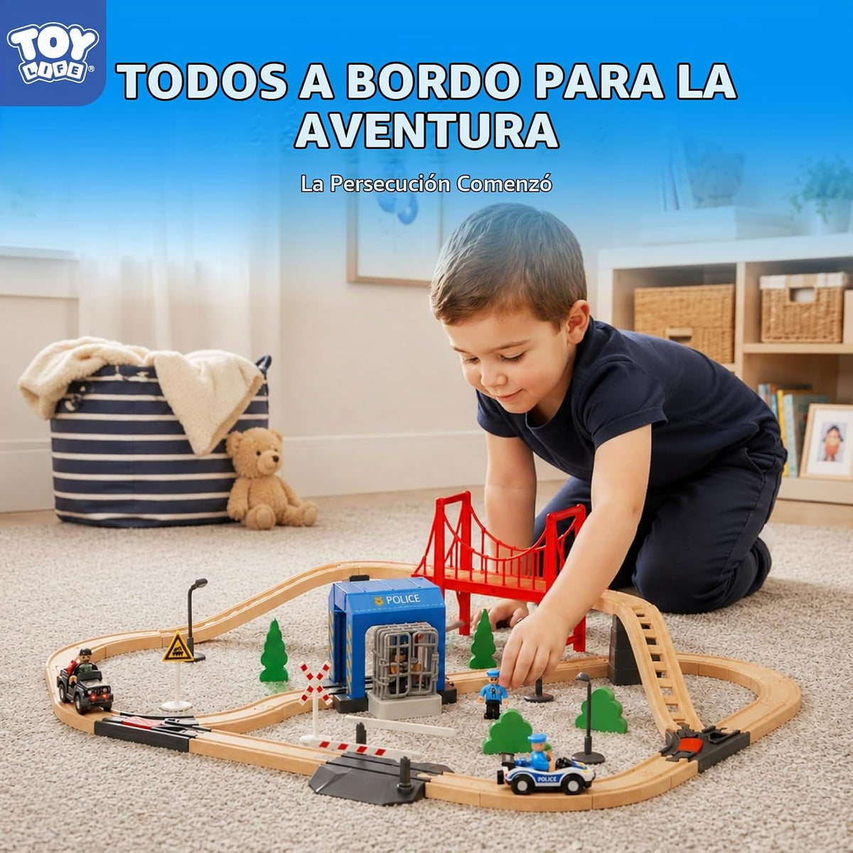 TOY Life - Juego de tren de madera, 56 piezas, juego de rieles de tren de madera, juguetes para niños de 3