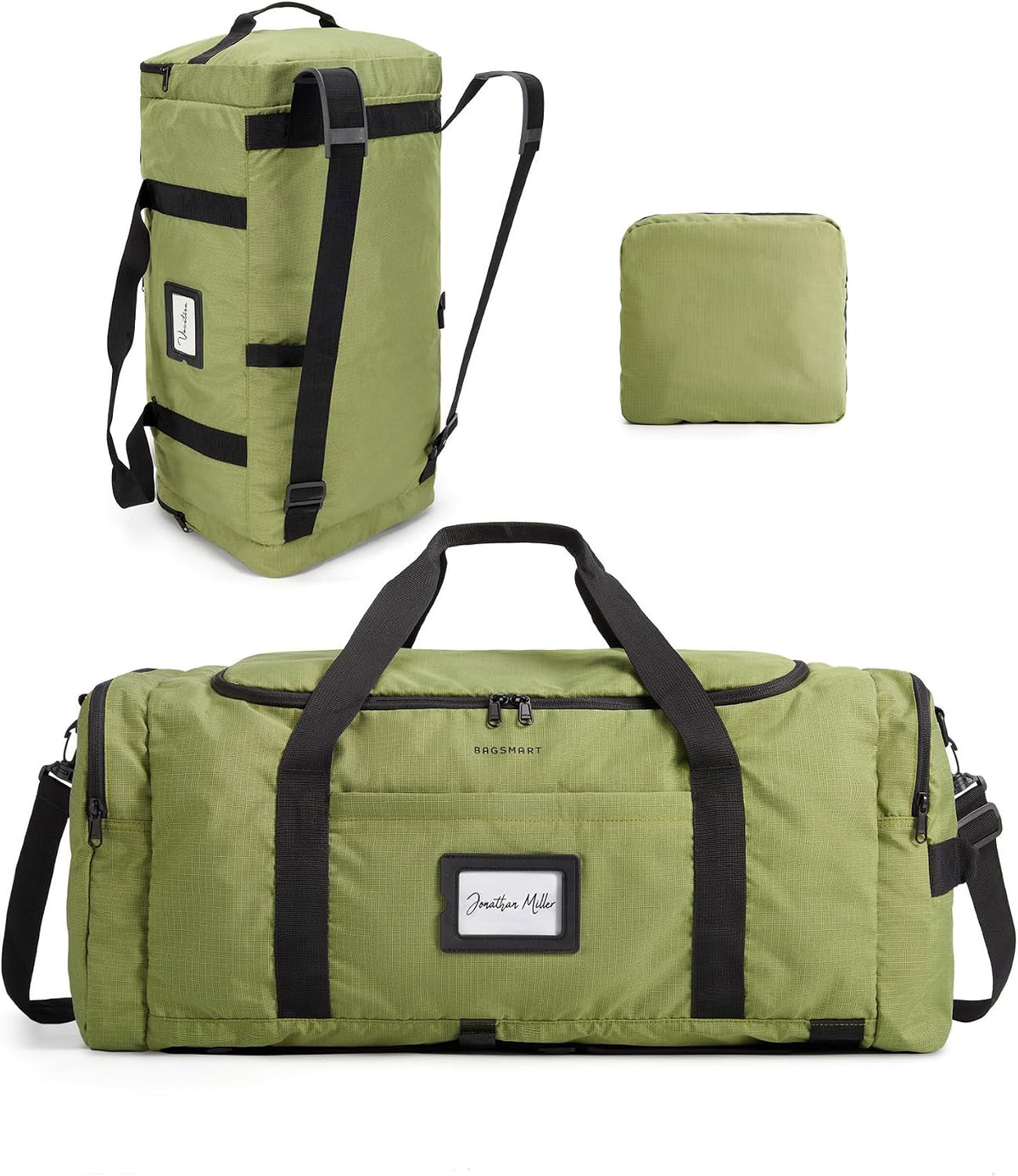 BAGSAMRT - Bolsa de lona plegable de 60 litros para viajes, bolsa de viaje grande para hombres, mochila de viaje 4 en 1, bolsa de mano para fin de semana, verde militar