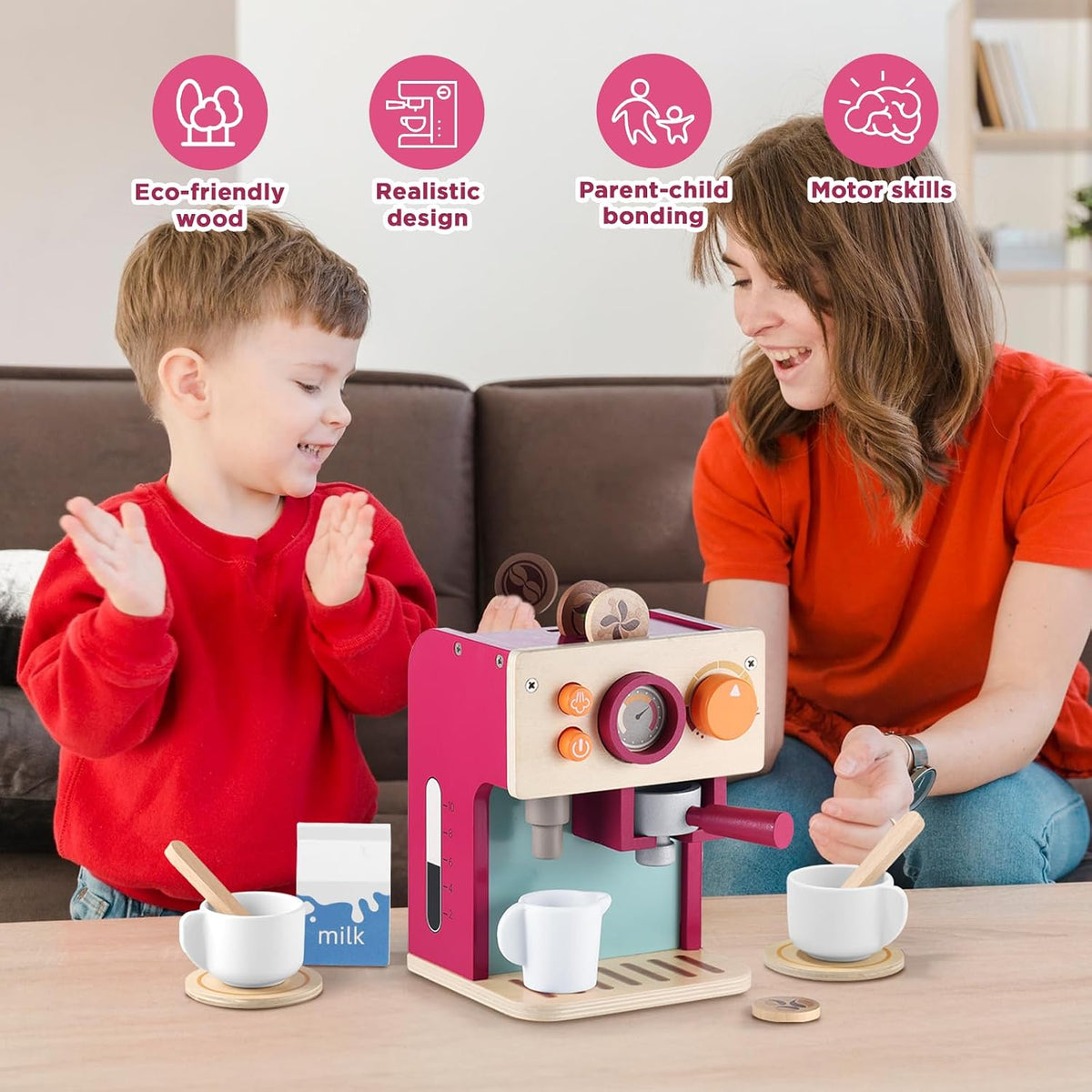 GAGAKU Máquina de café de madera para niños pequeños, juguetes de aprendizaje Montessori para niñas y niños de 3, 4, 5 años, accesorios de cocina realistas con máquina de café expreso y juego de arte con leche