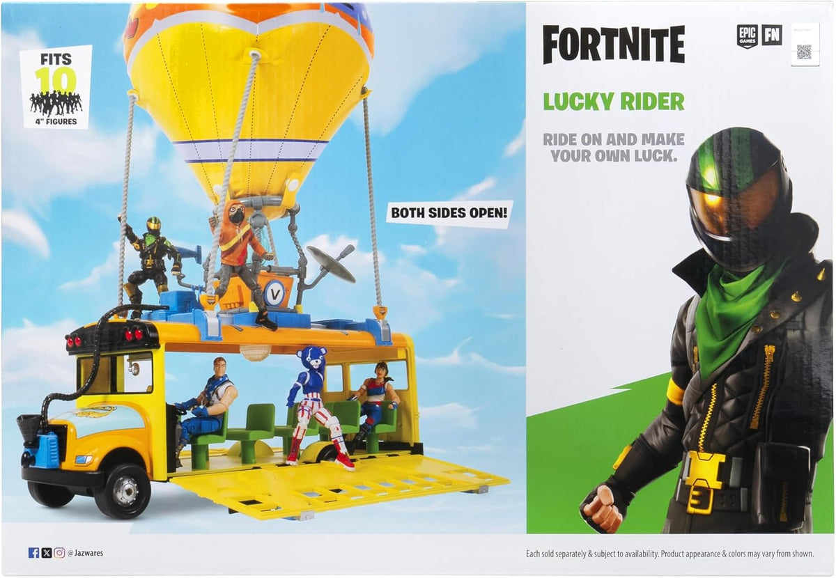 Fortnite Battle Bus - Vehículo de 14 pulgadas con globo inflable, luces y sonidos, colores únicos, ruedas rodantes, figura de 4 pulgadas y código para artículo virtual adicional